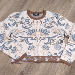 NVLT Women's Floral Crew Neck Sweater - Cream and Blue